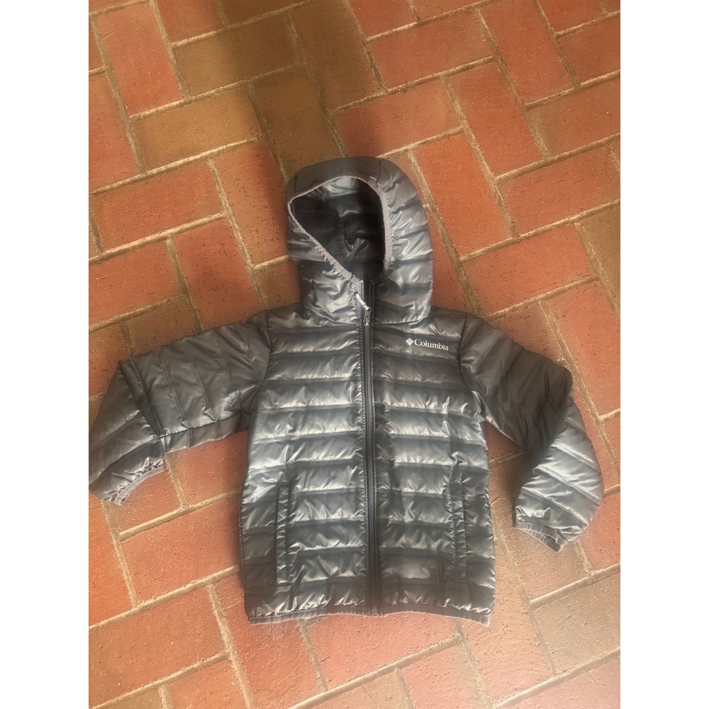 Columbia Kids XS 6/7 Grey Hooded Puffer Jacket Quilted Full Zip Winter Coat